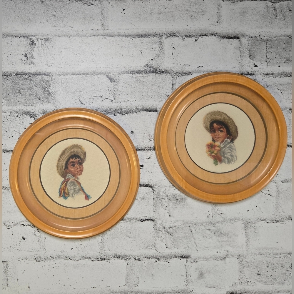 Vintage Needlepoint Children Portrait Wall Art Set Boho Nursery Decor